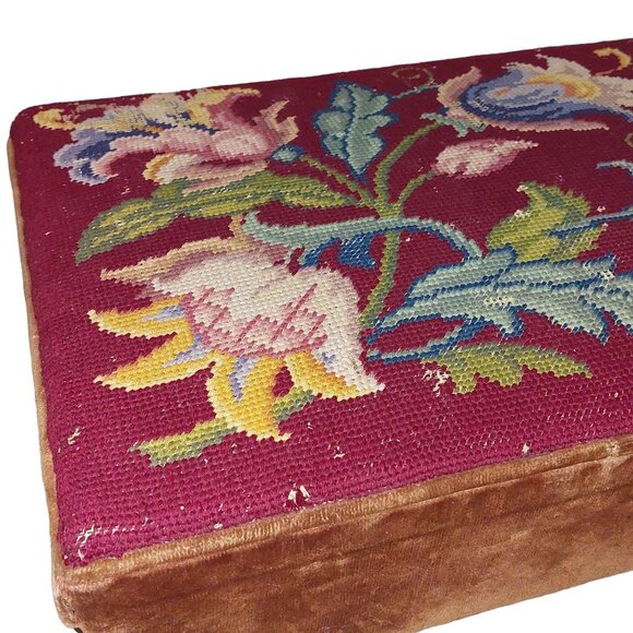 Vintage Floral Needlepoint Footstool with Velvet Sides & Solid Wood Legs 18"x12" - Picture 4 of 7